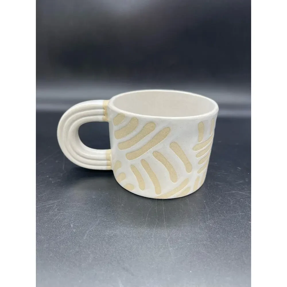 West Elm Hand Painted Glazed Exposed Clay Lines Design Coffee Mug Cup